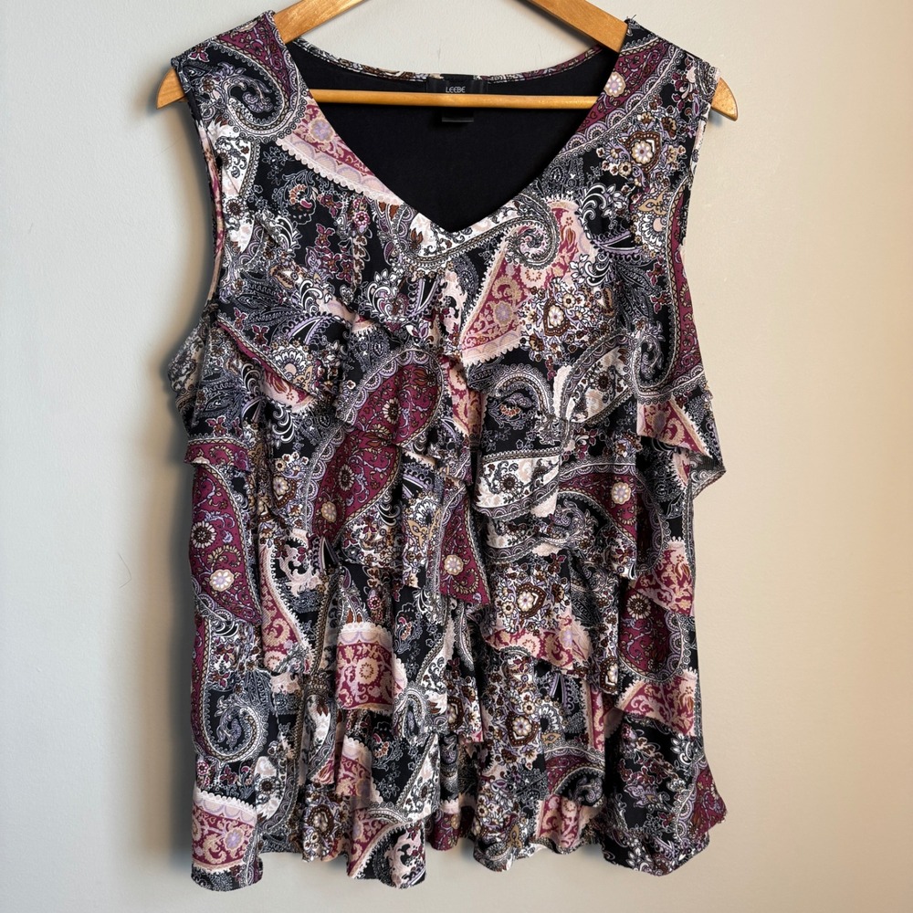 LEEBE Womens Abstract Paisley Tiered Ruffle Sleeveless V-Neck Blouse‎ Boho Chic